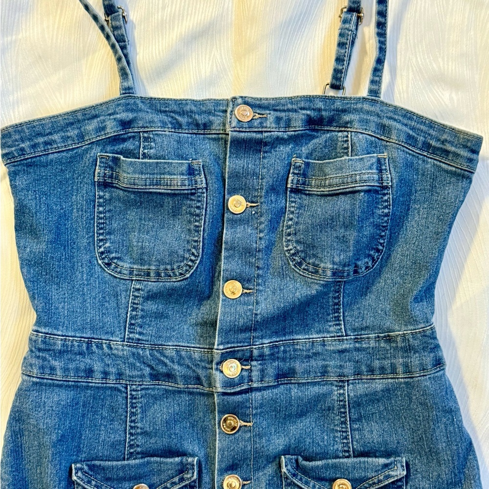 Highway Jeans Denim Button Front Dress Adjustable Straps & Pockets L